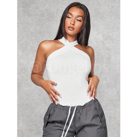 White Halter Tank Top Criss Cross Slim Fit - Picture 5 of 8